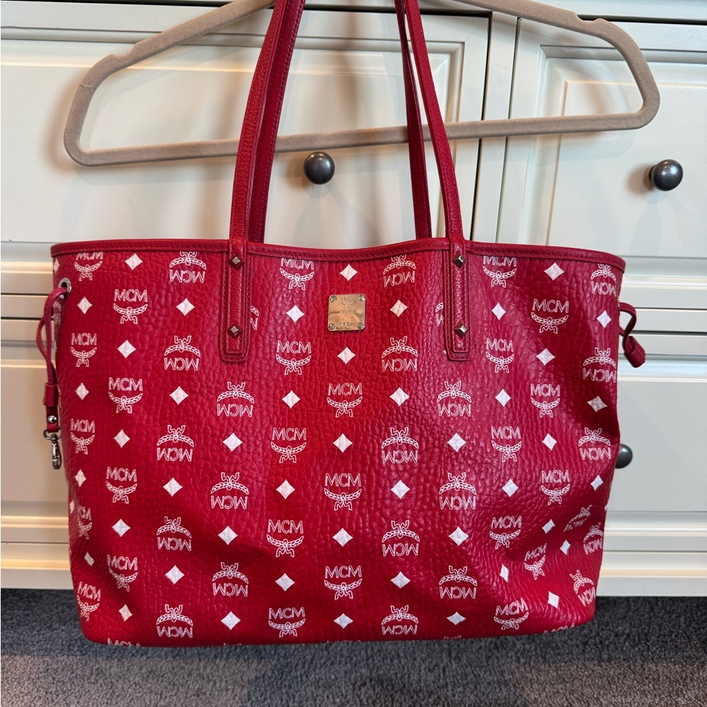 MCM Red Logo Tote Bag